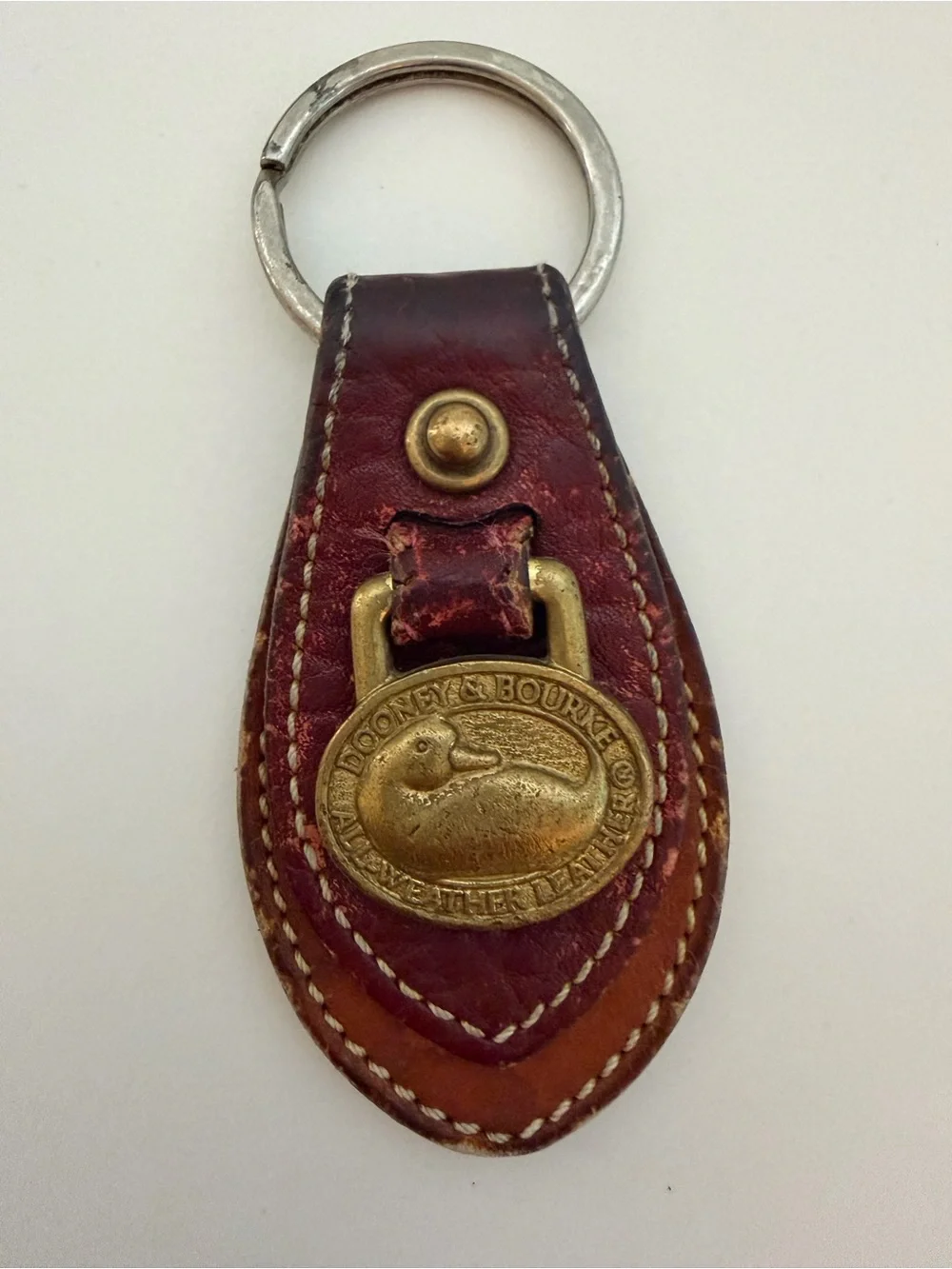 Vintage Dooney & Bourke Brown Leather Key Ring with Brass Duck Medallion